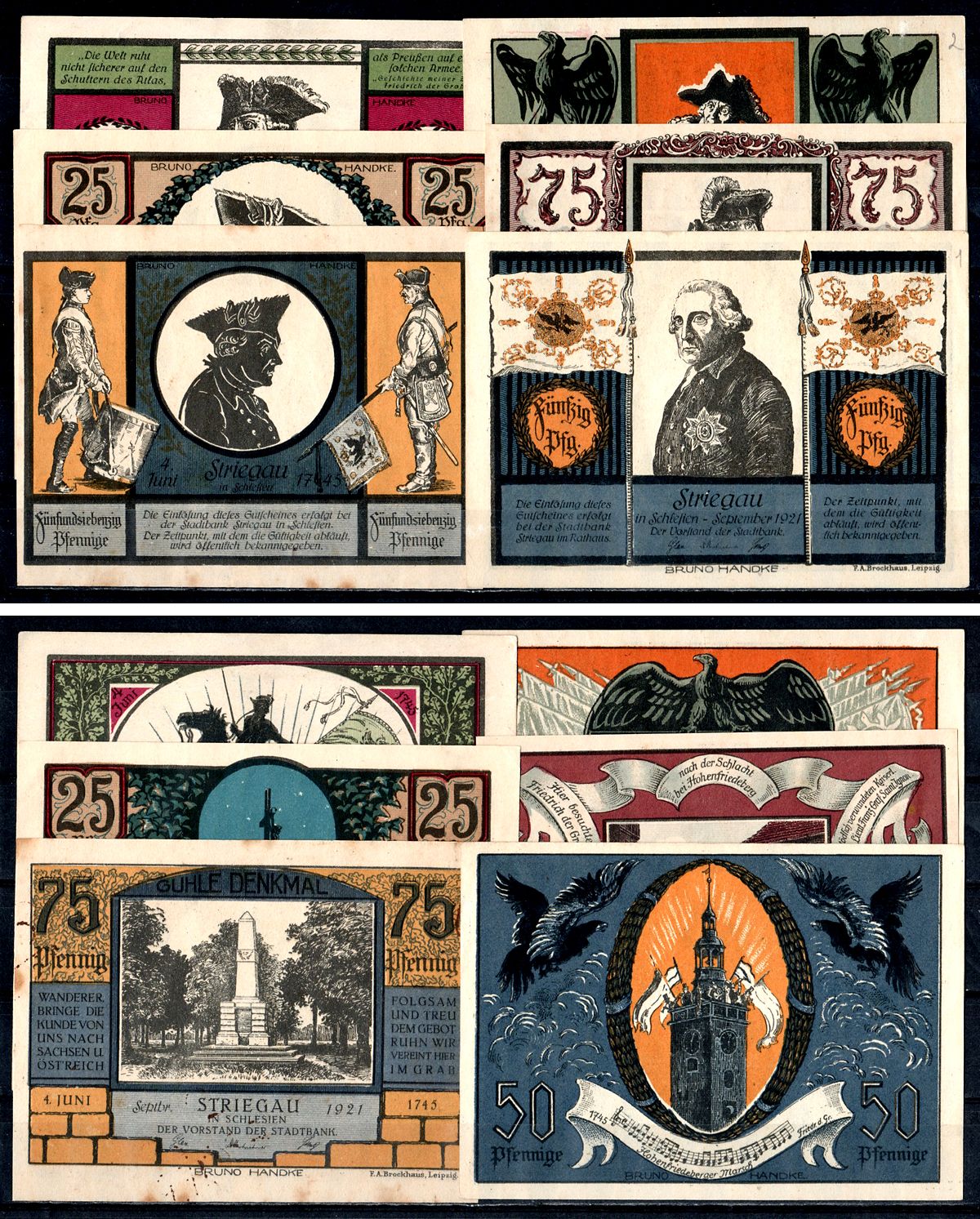 Штригау (Пруссия, Нижняя Силезия) полный набор из 6 нотгельдов (25, 50 и 75 пфеннигов) 1921 Mehl Grabowski 1284.1 бумага UNC (пресс) 7556-53-2-1