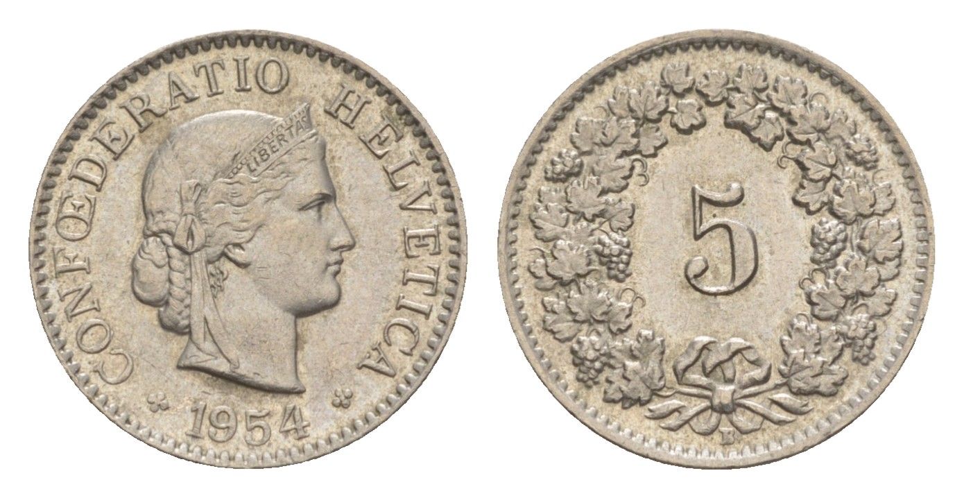Швейцария 5 раппенов 1954 B KM 26 медно-никель aUNC 4611-728