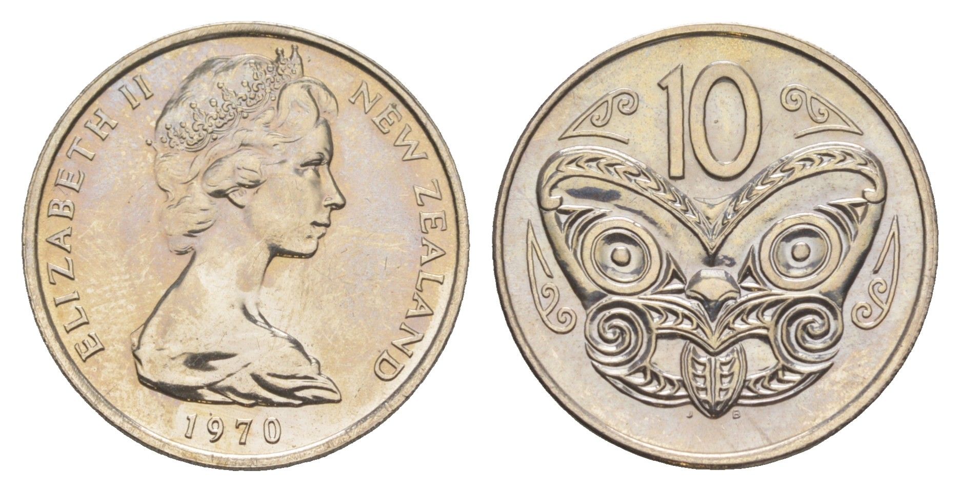 Новая Зеландия 10 центов 1970 Елизавета II (1952-2022), маска маори KM 41 медно-никель UNC 4652-635