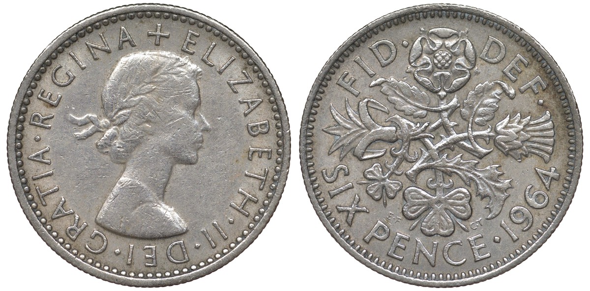 Великобритания 6 пенсов 1964 Елизавета II (1952-2022) KM 903, Spink 4149 медно-никель 4122-626