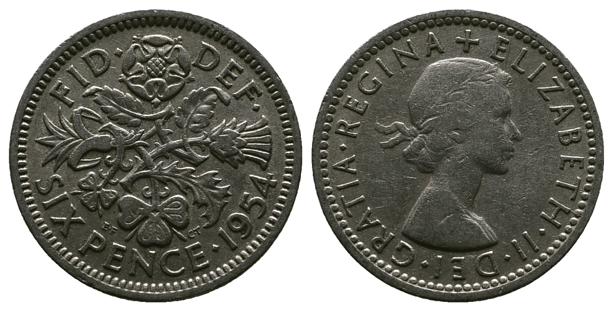 Великобритания 6 пенсов 1954 Елизавета II (1952-2022) KM 903, Spink 4149 медно-никель 4381-643