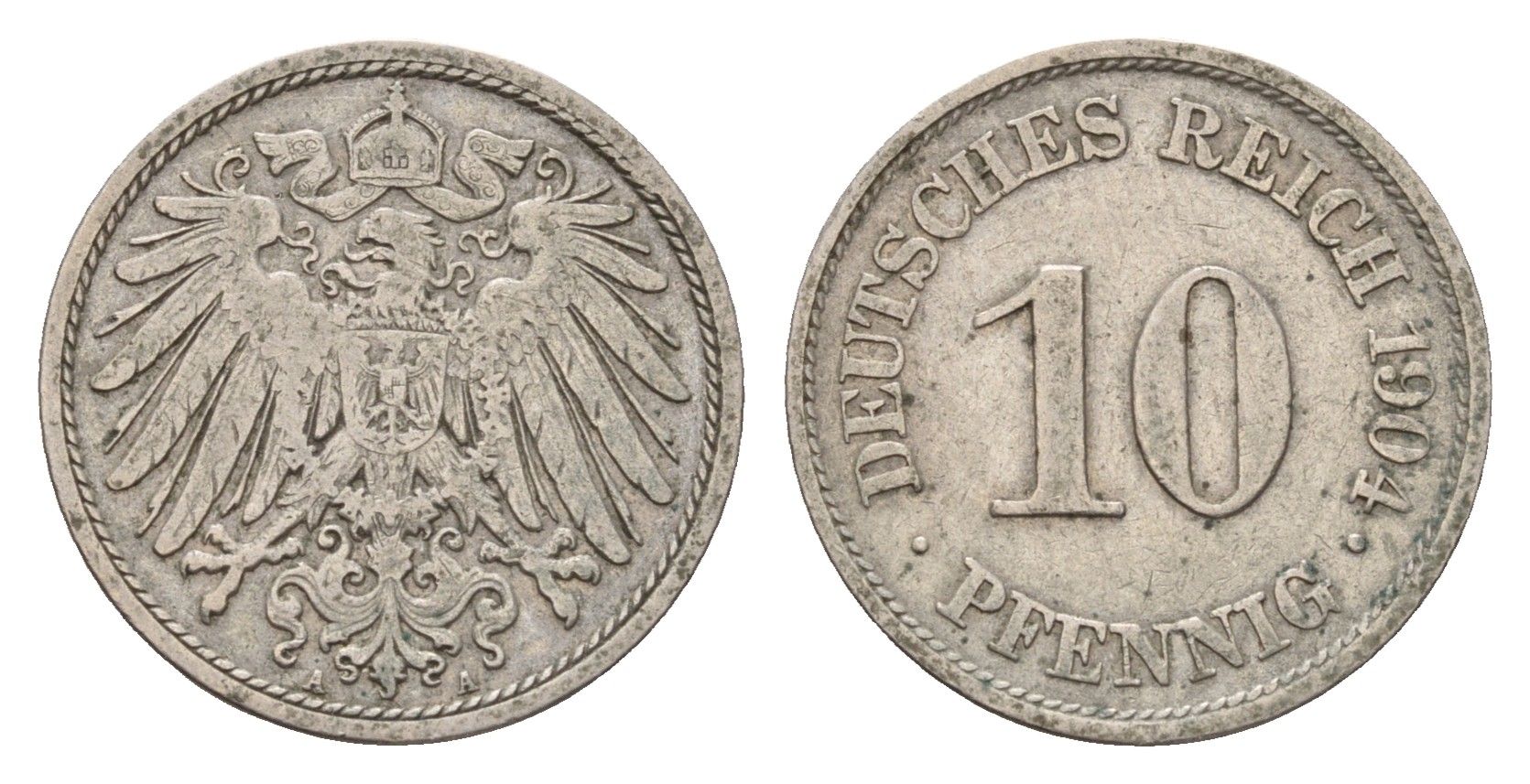 Германия 10 пфеннигов 1904 A KM 12, Jager 13, Weege 8 медно-никель 4152-628