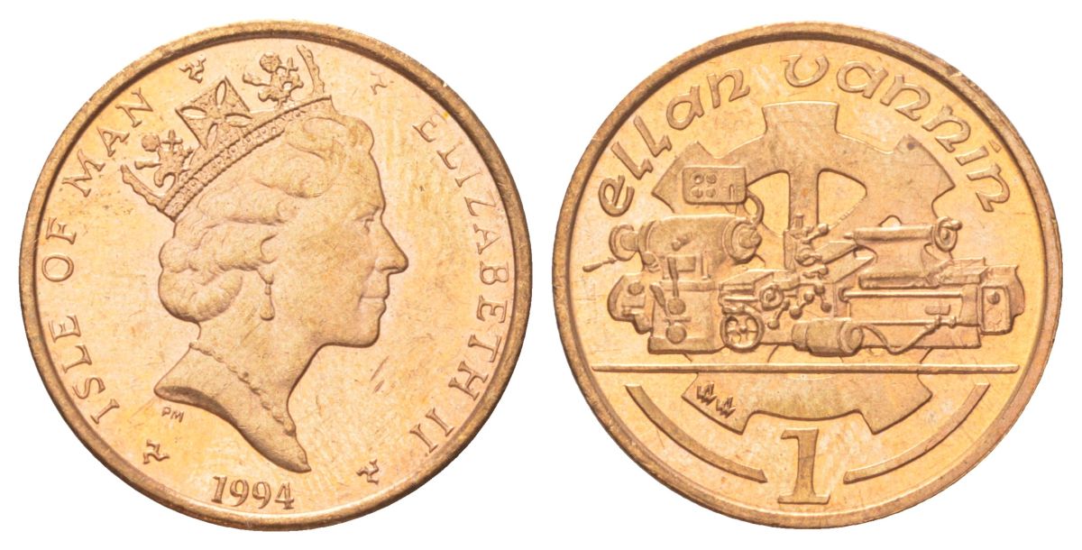Остров Мэн 1 пенни 1994 АА, токарный станок, Елизавета II (1952) KM 207 бронза UNC 4625-412