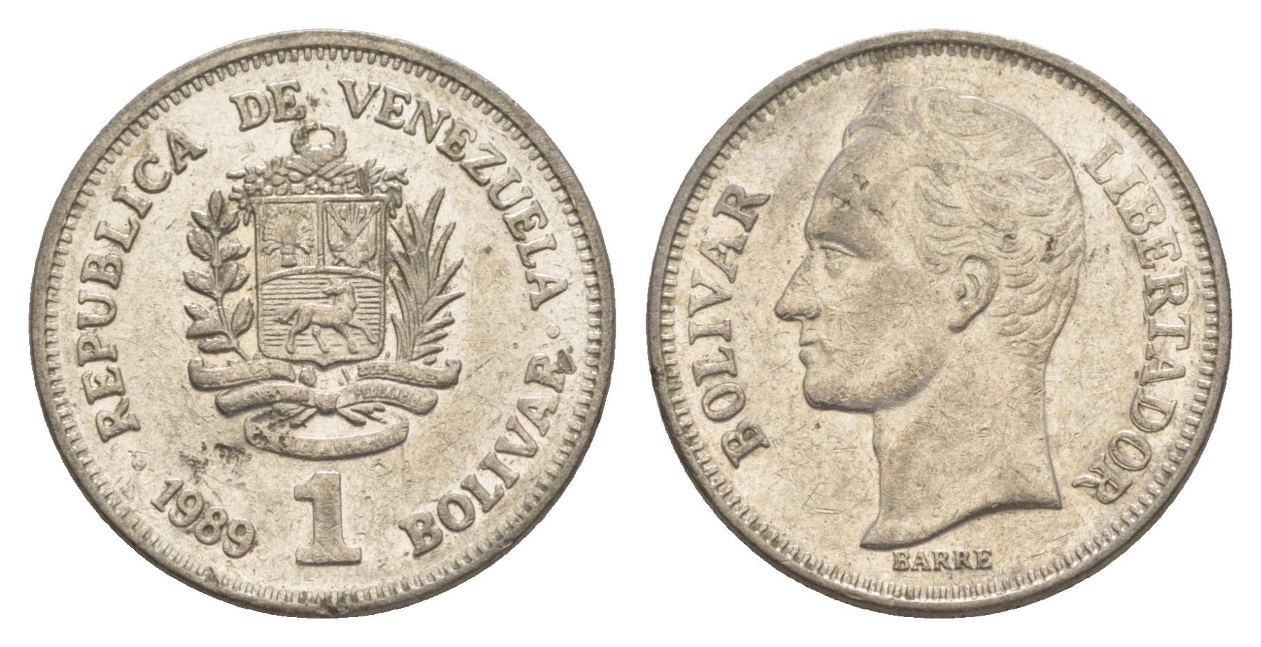 Венесуэла 1 боливар 1989 Симон Боливар, тонкий шрифт Y 52a.1 сталь плакированная никелем 4591-242