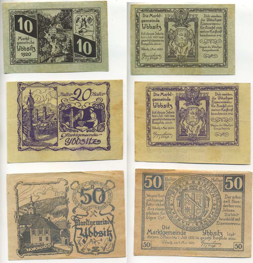 Австрия набор из 3 банкнот 1920 1 мая 1920-1 июля 1920, нотгельд, 10, 20, 50 геллеров, YBBSITS   бумага  XF 7555-7-2-2