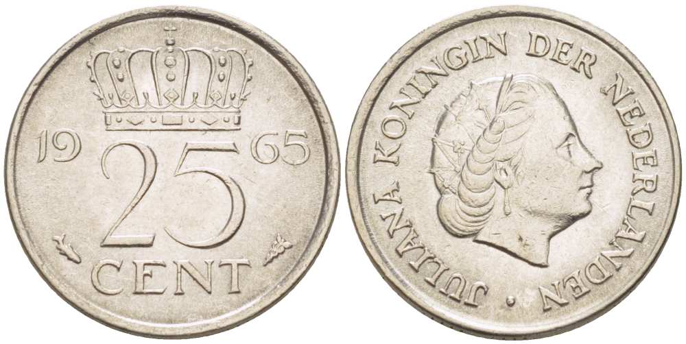 Нидерланды 25 центов 1965 Юлиана (1949-1980) KM 183 никель 3955-153