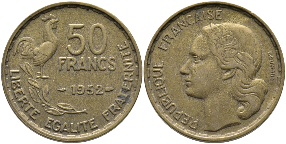 ФРАНЦИЯ 50 ФРАНКОВ 1952 KM 918.1 алюминиевая бронза 97-825