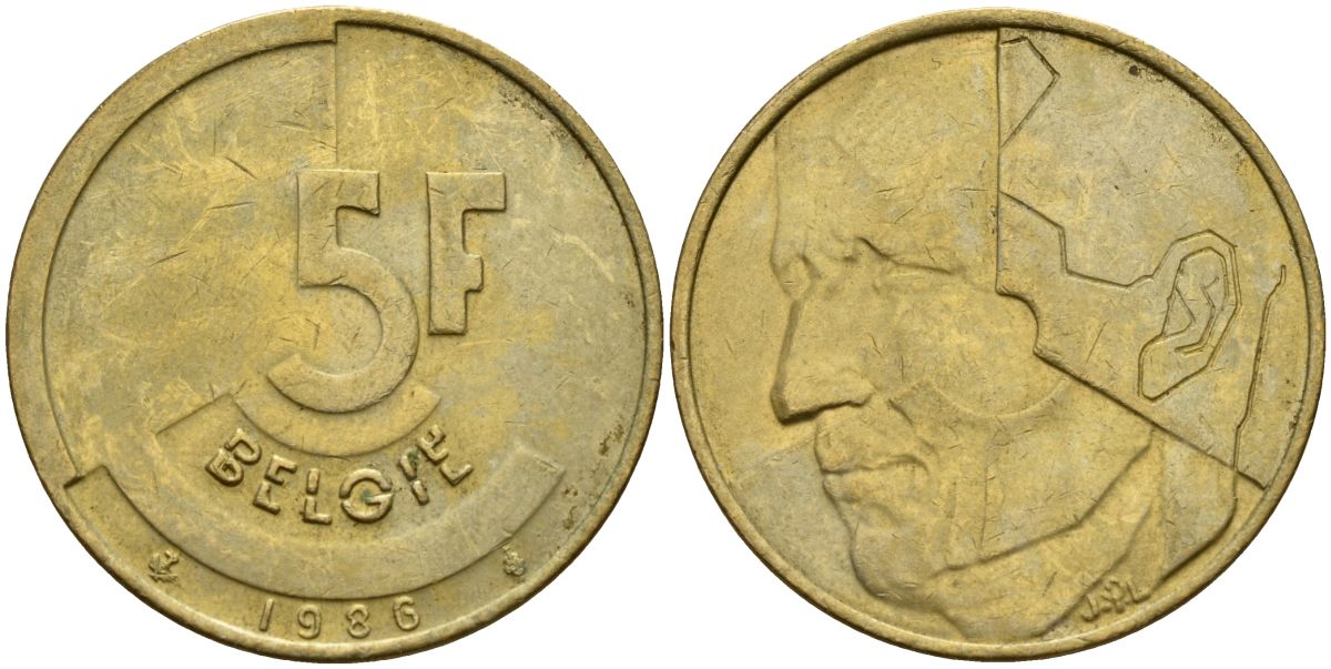 Бельгия 5 франков 1986 Belgie KM 164 алюминиевая бронза 4150-817