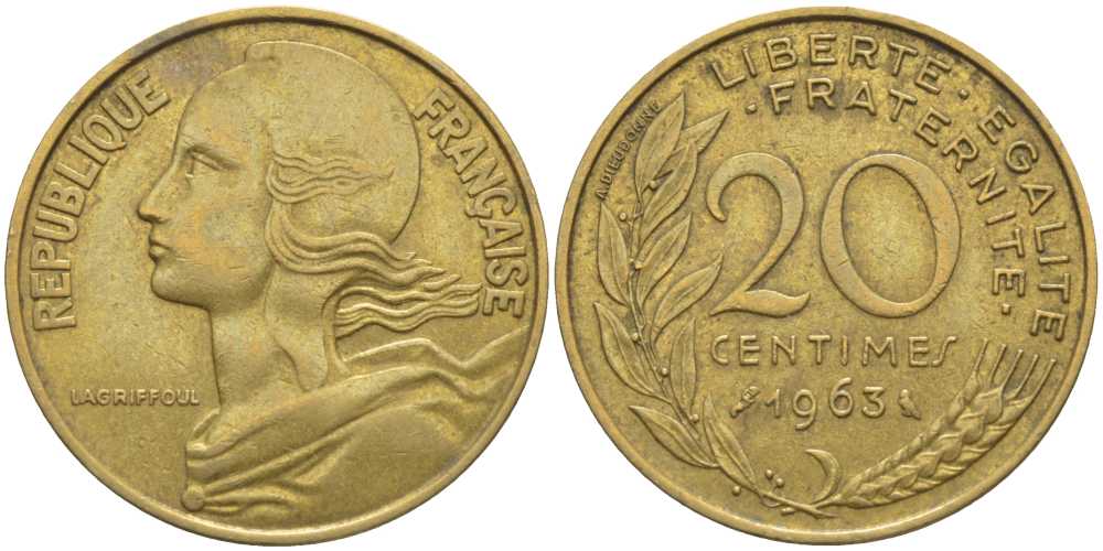 ФРАНЦИЯ 20 САНТИМОВ 1963 ТИП MARIANNE KM 930, LE FRANC 156.3 медь алюминий никель 175-814