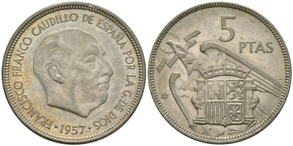 Испания 5 песет 1957 (67) Франсиско Франко (1939-1975) KM 786 медно-никель 4579-152