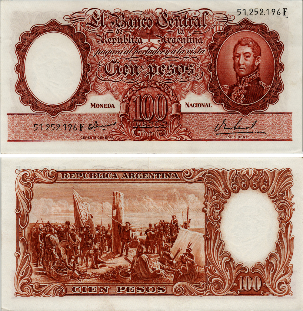 АРГЕНТИНА 100 ПЕСО 1968 СЕРИЯ F 51252, ПОДПИСЬ EGIDIO IANNELLA - PEDRO S. REAL Pick 277 бумага 7204-63-1