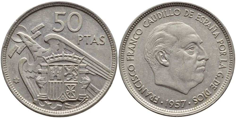 ИСПАНИЯ 50 ПЕСЕТ 1958 1957 ГОД, ФРАНКО KM 788 медно-никель 4389-1134