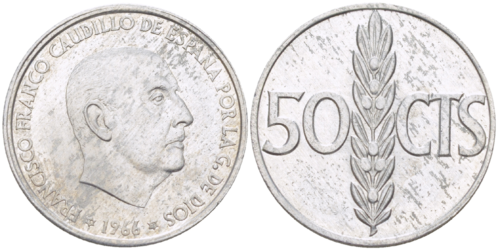 ИСПАНИЯ 50 СЕНТИМО 1966 (73) ФРАНСИСКО ФРАНКО ДИКТАТОР ИСПАНИИ ( 1939- 1975) KM 795 алюминий 4181-1066