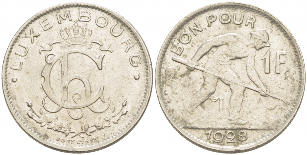 ЛЮКСЕМБУРГ 1 ФРАНК 1928 СТАЛЕВАР KM 35 никель 77-833
