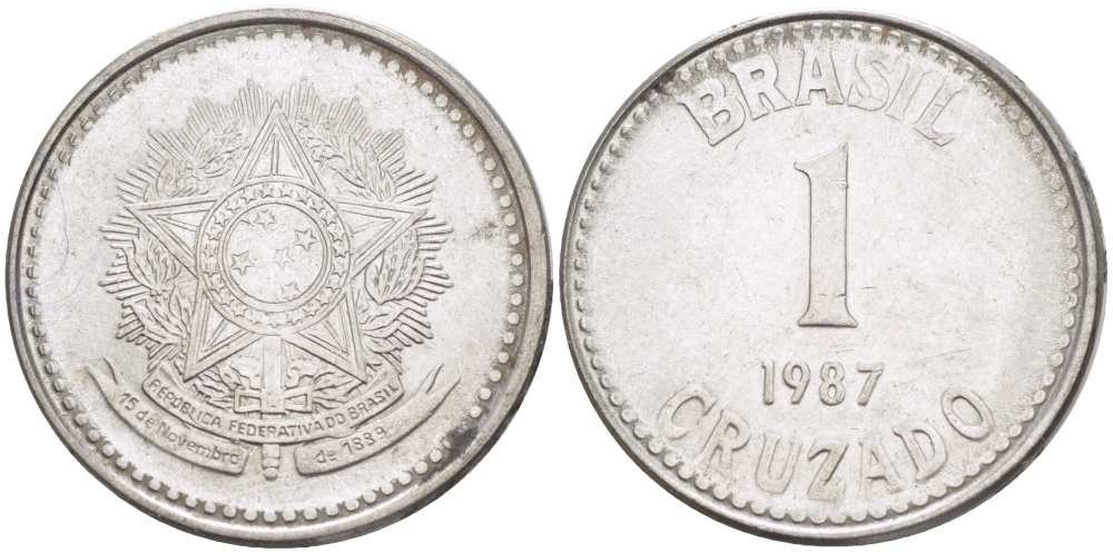 Бразилия 1 крузадо 1987 KM 605 нержавеющая сталь 217-1247