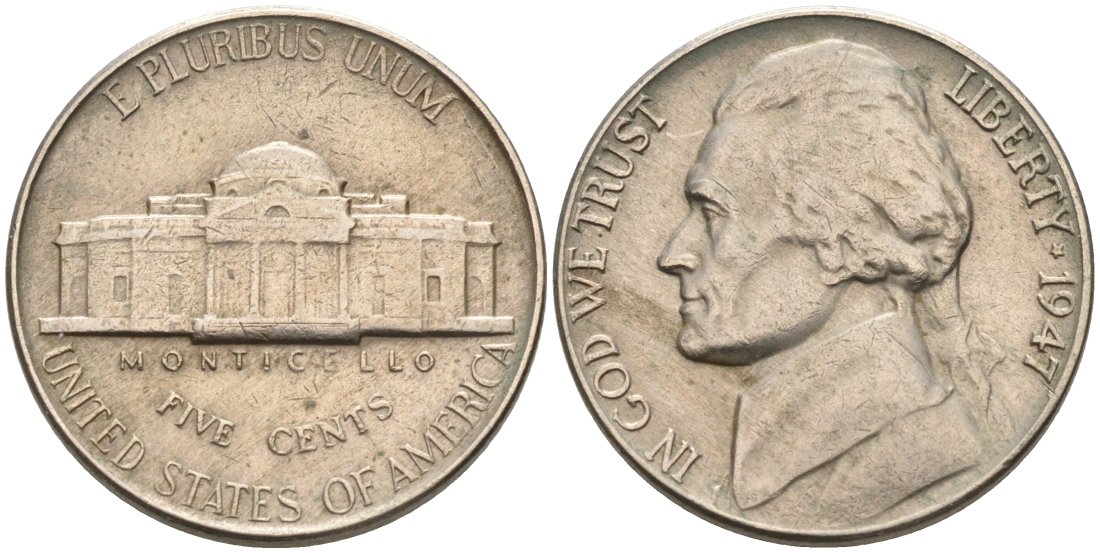 США 5 центов 1947 Джефферсон KM А192 медно-никель 92-955