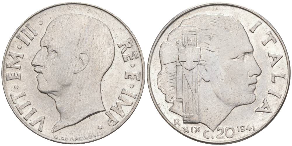 ИТАЛИЯ 20 ЧЕНТЕЗИМО 1941 R, ГОД XIX, ВИКТОР ЭММАНУИЛ III (1900-1946) KM 75b, VEM3. 1028 нержавеющая сталь 3853-927