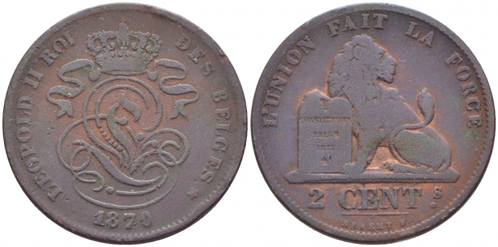 БЕЛЬГИЯ 2 САНТИМА 1870 BELGES KM 35.1 медь 4448-613