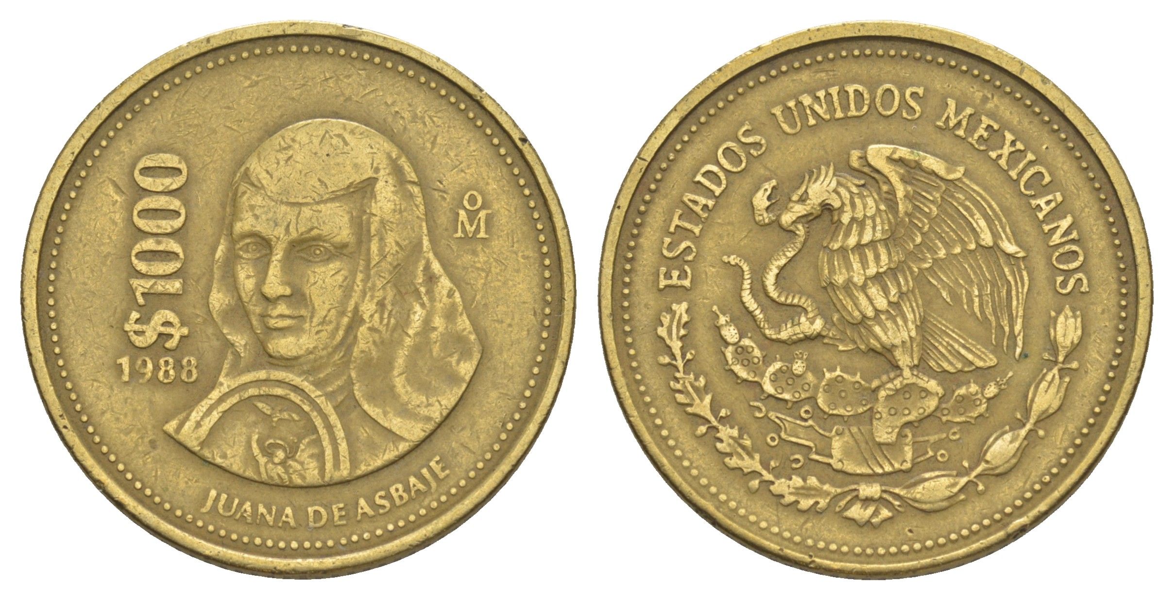Мексика 1000 песо 1988 Мо, Хуана де Асбахе KM 536 алюминиевая бронза 4634-726