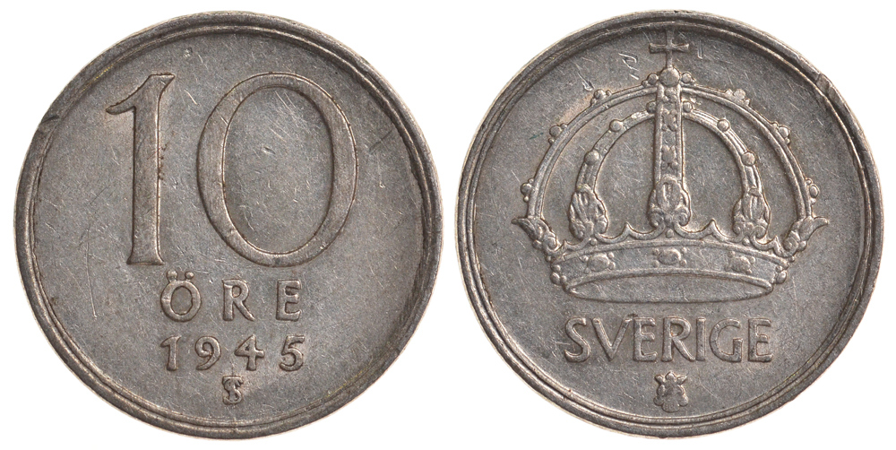 Швеция 10 эре 1945 TS, Густав V (1907-1950) KM 813 серебро 4179-542