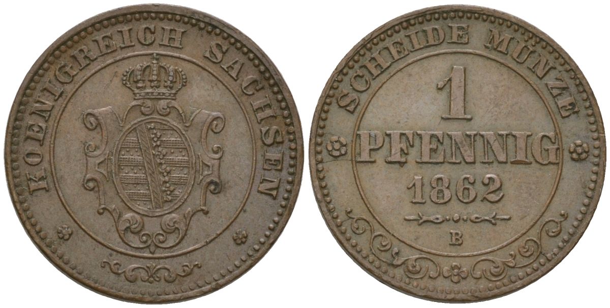 Саксония 1 пфенниг 1862 B, Иоганн I (1854-1873) KM 1216, AKS 155 медь aUNC 4547-249