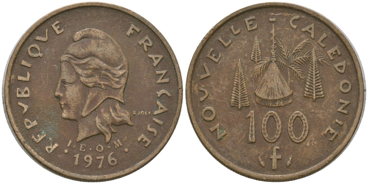 Французская Новая Каледония 100 франков 1976 хижина среди сосен и пальм, (IEOM) KM 15, Schoen 16, Lec 130 никель латунь 4137-515