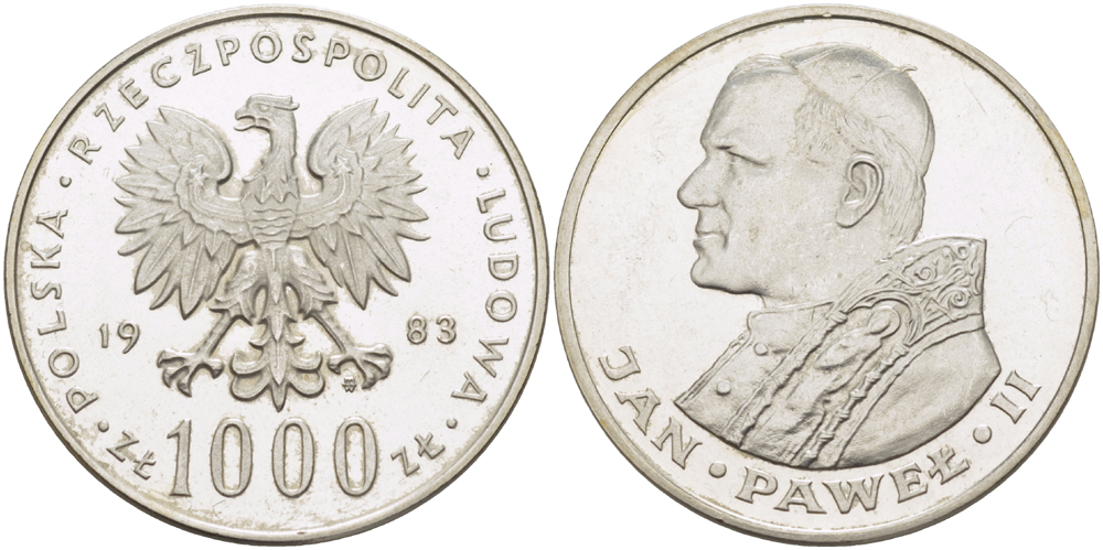 Польша 1000 злотых 1983 MW, визит папы Иоанна Павла II в Польшу KM 144, Parchimowicz 337b серебро UNC 1085-2-14