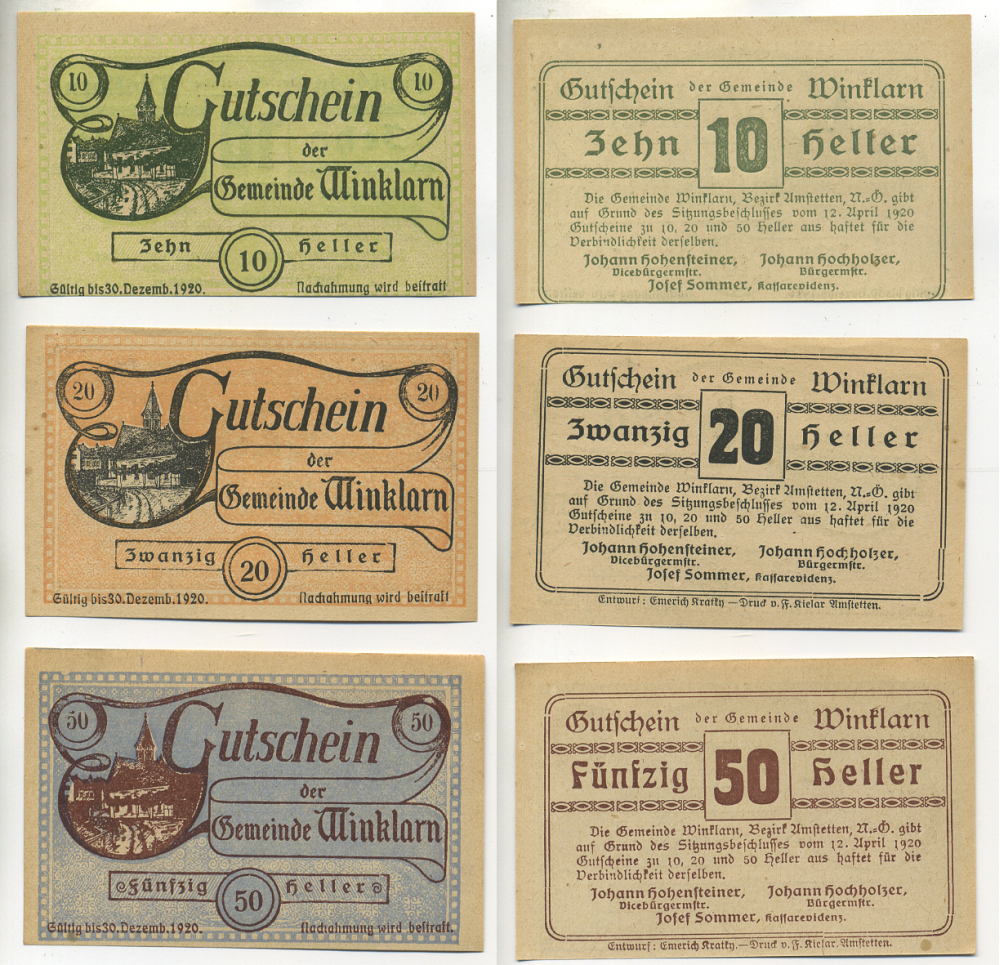 Австрия набор из 3 банкнот 1920 12 апреля 1920 до 30 декабря 1920, нотгельд, 10, 20, 50 геллеров, WINKLARN   бумага  aUNC  7555-7-1-2