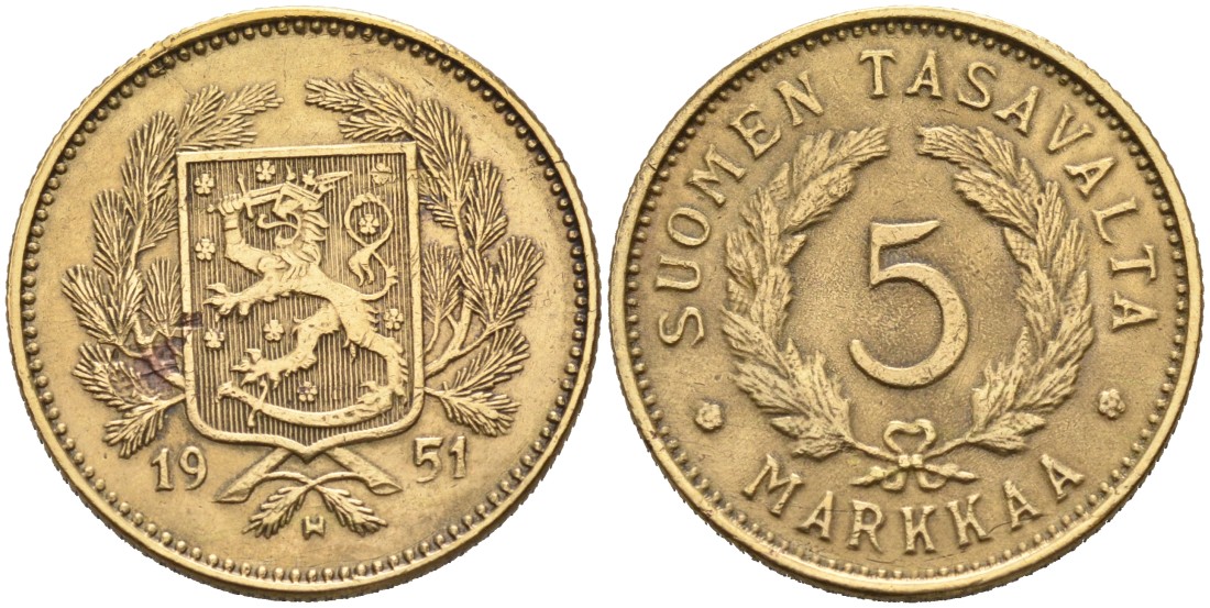 ФИНЛЯНДИЯ 5 МАРОК 1951 H KM 31a латунь 4563-412