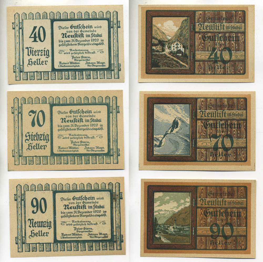 Австрия, Нойштифт набор из 3 банкнот 1920 до 31 декабря 1920, нотгельд, 40, 70, 90 геллеров, Neustift im Stubaital   бумага  aUNC  7555-10-3-1