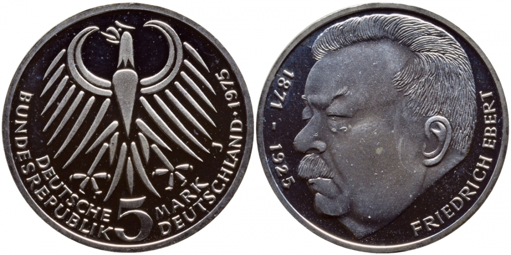 ФРГ 5 марок 1975 J, 50 лет со дня смерти Фридриха Эберта J. 416, KM 141 серебро PROOF 1520-1322
