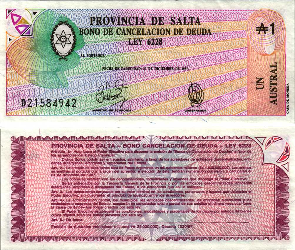 Аргентина, провинция Сальта 1 аустраль 1987 Pick S 2612b бумага аUNC 6352-18-3-2