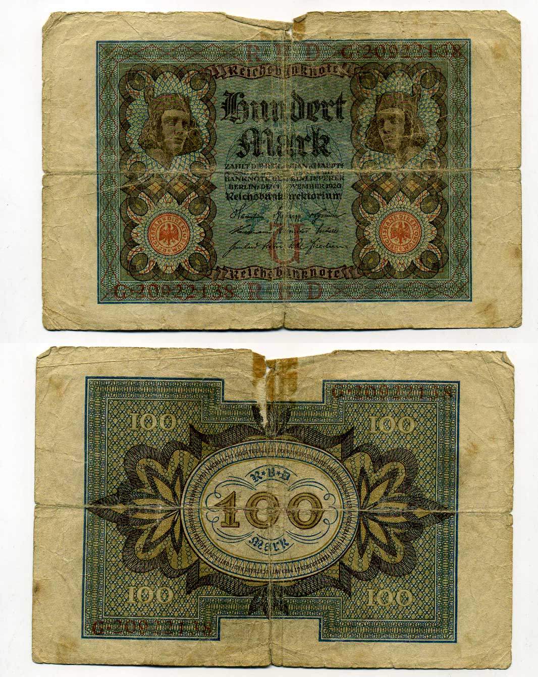 Германия 100 марок 1920 Бамбергский всадник, 8 цифр в номере Pick 69 b, Розенберг 69b бумага 8619-36-1-2