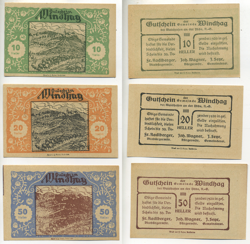 Австрия набор из 3 банкнот 1920 до 30 декабря 1920, нотгельд, 10, 20, 50 геллеров, MINDHAG   бумага  aUNC  7555-7-1-1