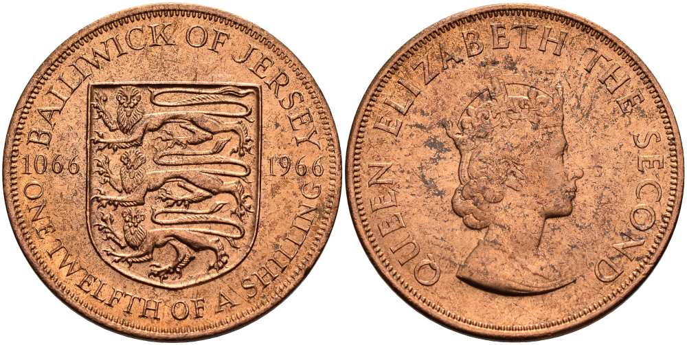 Джерси 1/12 шиллинга 1966 900 лет Нормандскому завоеванию KM 26 бронза UNC 4512-341