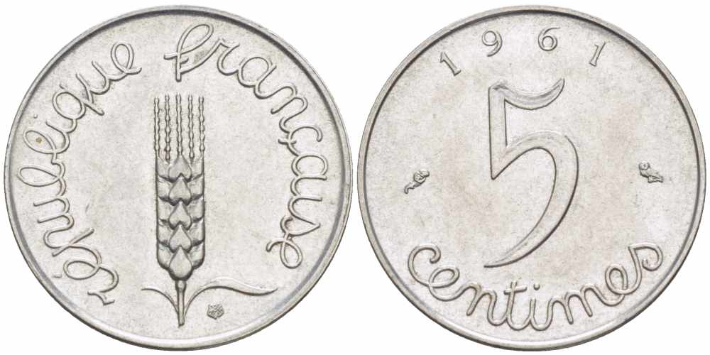 ФРАНЦИЯ 5 САНТИМОВ 1961 ПЯТАЯ РЕСПУБЛИКА KM 927, LE FRANC 124.3 хромированная сталь 105-417