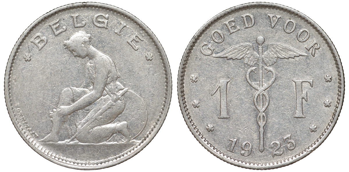 Бельгия 1 франк 1923 Belgie, Альберт I (1909-1934) KM 90 никель 51-1037