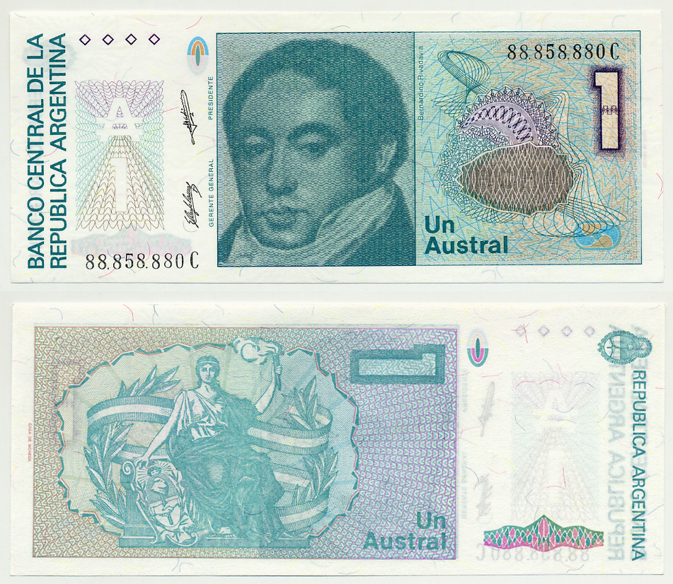АРГЕНТИНА 1 АУСТРАЛЬ 1988 СЕРИЯ С 88858, БЕРНАРДИНО РИВАДАВИЯ Pick 323b бумага UNC (ПРЕСС) 6301-5-1