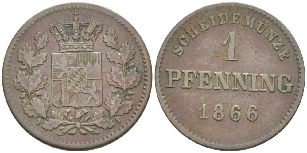 Бавария 1 пфенниг 1866 Людвиг II (1864-1886) КМ 471, AKS 185 медь 201-253