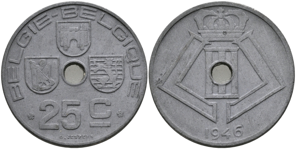 БЕЛЬГИЯ 25 САНТИМОВ 1946 BELGIE-BELGIQUE, ГЕРМАНСКАЯ ОККУПАЦИЯ, ВТОРАЯ МИРОВАЯ ВОЙНА KM 132 цинк 94-453