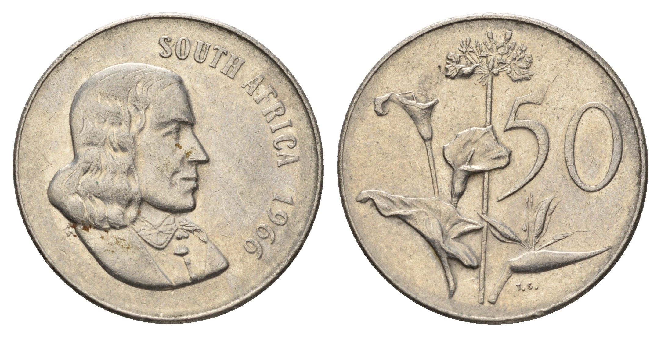 ЮАР 50 центов 1966 Ян ван Рибек (1619-1677), South Africa, легенда на английском, Зантедеския Эллиота (калла) KM 70.1 никель 4693-817