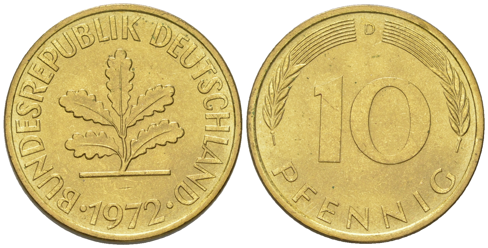 ФРГ 10 пфеннигов 1972 D KM 108, J.383 сталь плакированная латунью UNC 4175-455