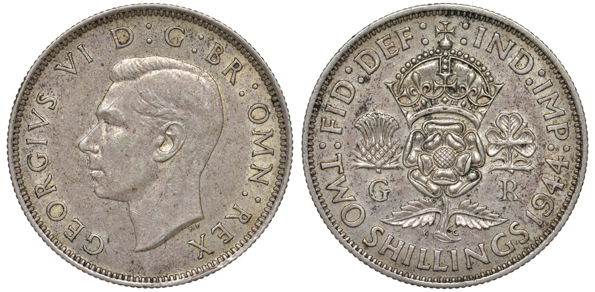 Великобритания 2 шиллинга (флорин) 1944 Георг VI (1936-1952) KM 855, Spink 4081 серебро 4178-1123