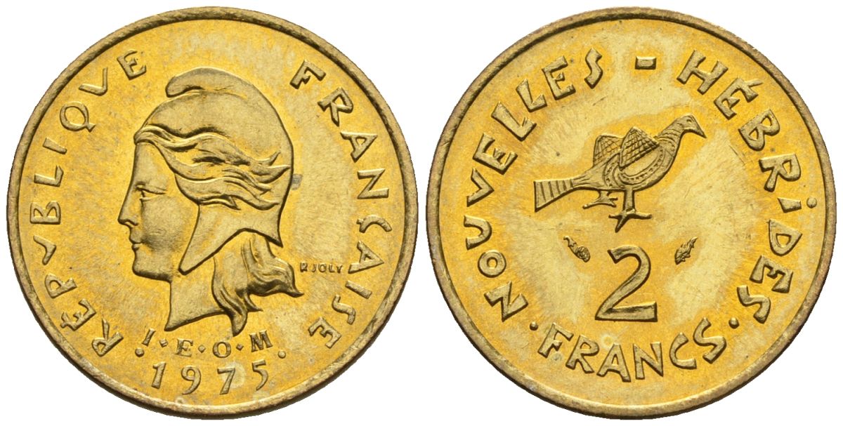 Французские Новые Гебриды 2 франка 1975 заморские территории KM 5.2 никель-латунь  aUNC  4609-939
