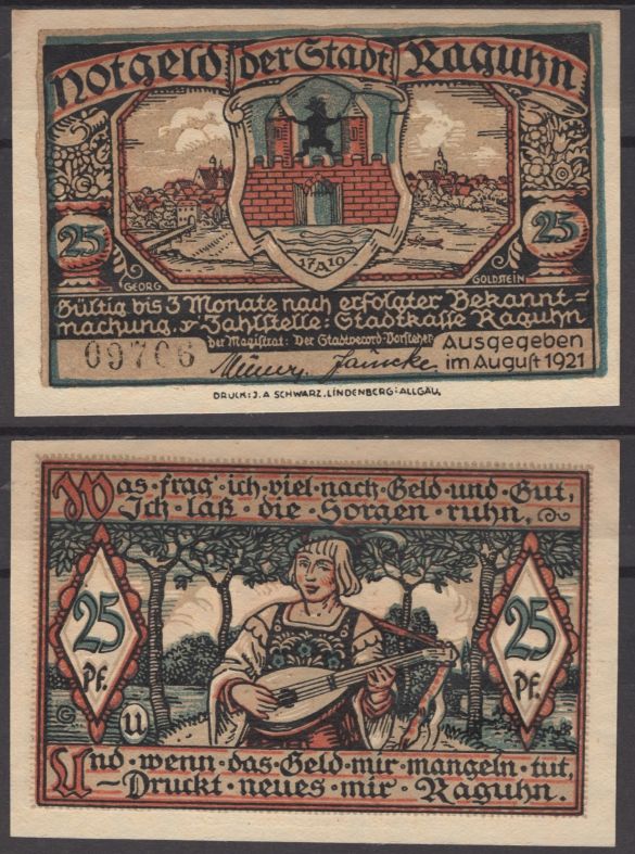 Рагун 25 пфеннигов ND (1921) DeNG 1 1094.1-4/12 бумага UNC (пресс) 8595-9-2-2