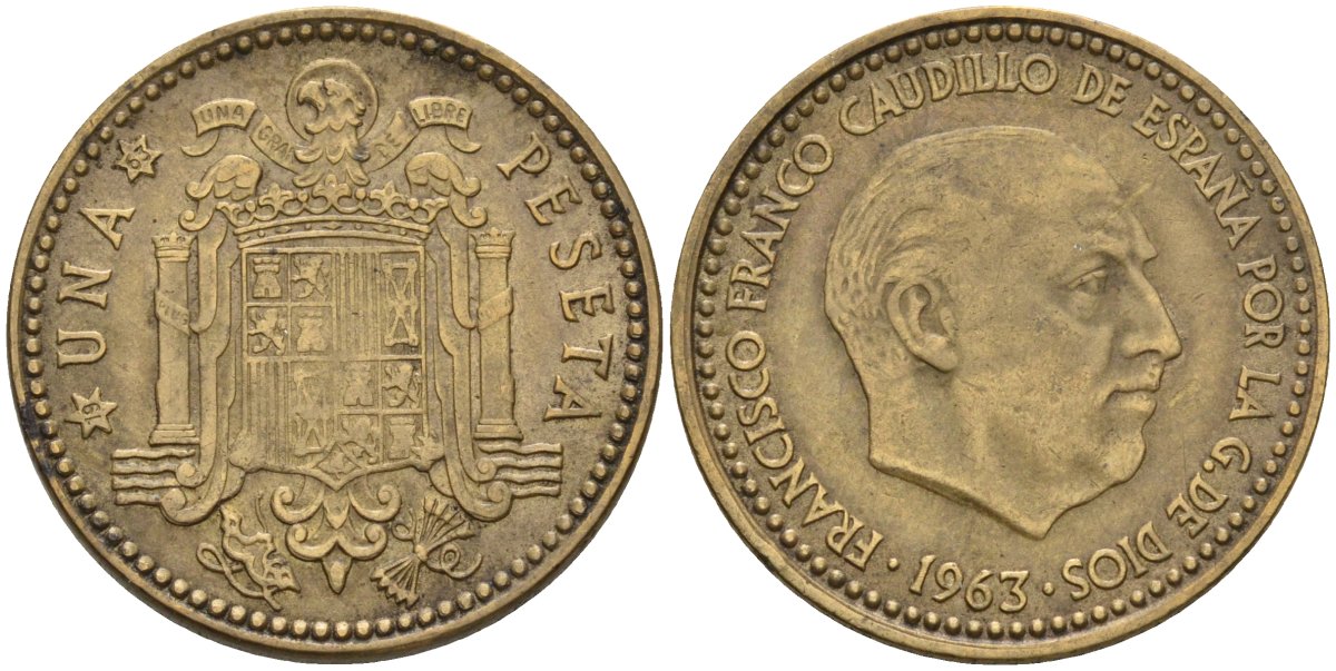 Испания 1 песета 1963 (?) Франсиско Франко (1939-1975) KM 775 алюминиевая бронза 3336-1117