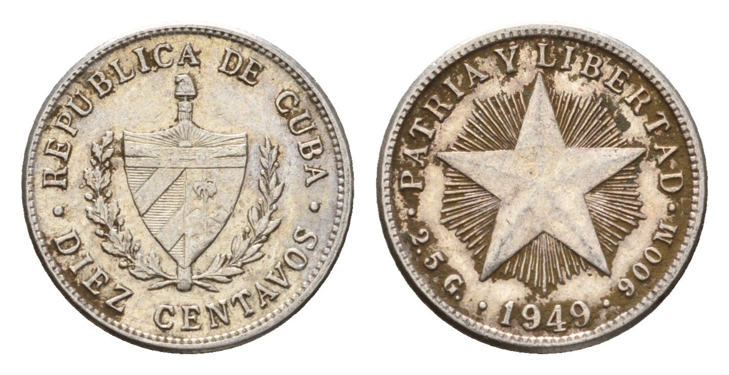 Куба 10 сентаво 1949 KM A12 серебро 4532-144