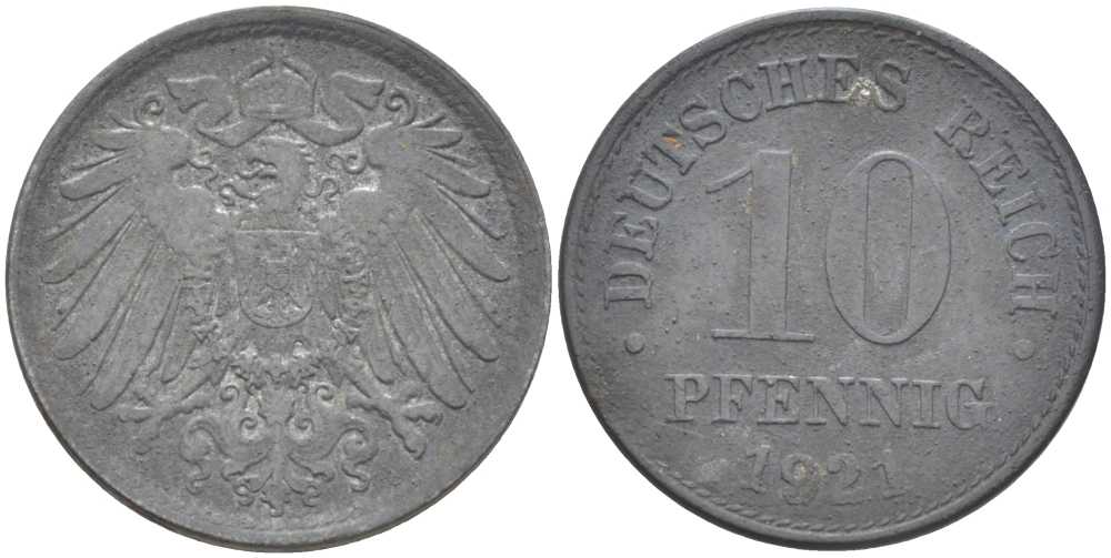ГЕРМАНИЯ 10 ПФЕННИГОВ 1921 (1917-1922) KM 26, J. 299, Weege 8 цинк 210-256
