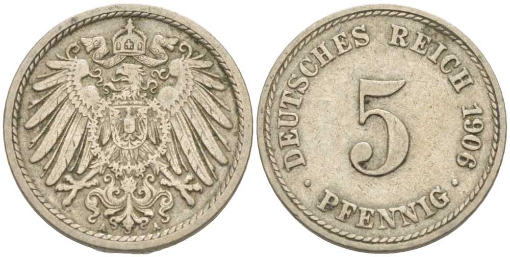 ГЕРМАНИЯ 5 ПФЕННИГОВ 1906 A KM 11, J. 12 медно-никель 105-119