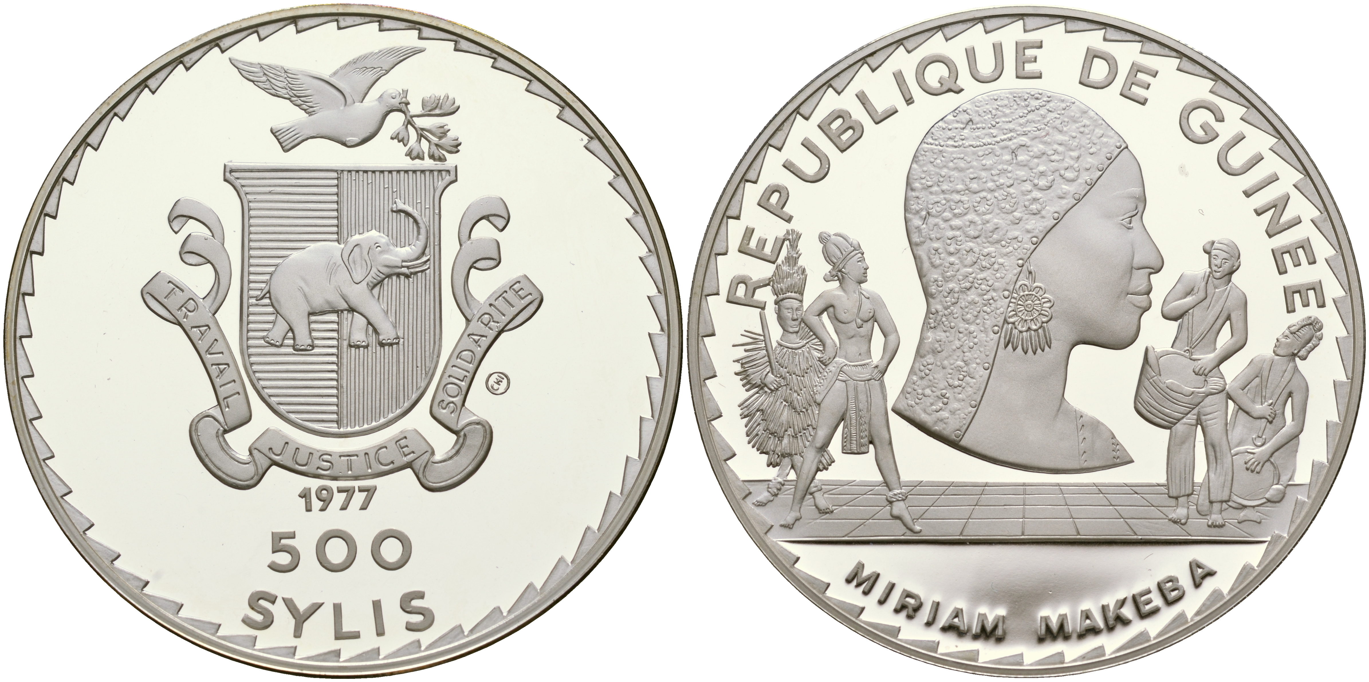 Гвинея 500 сили 1977 Мириам Макеба, певица, тираж 500 экземпляров KM 46 серебро PROOF 00-815-71